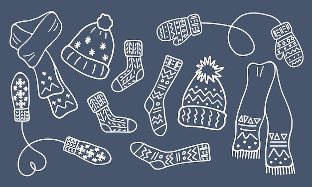 Winter accessories collection in doodle style White contour of Hats mittens socks scarves