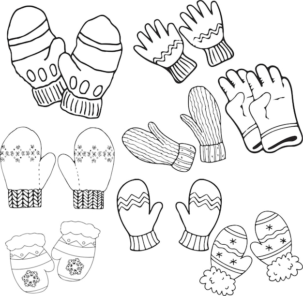 Winter accessories mittens with heart ornament. doodle style vector illustration.