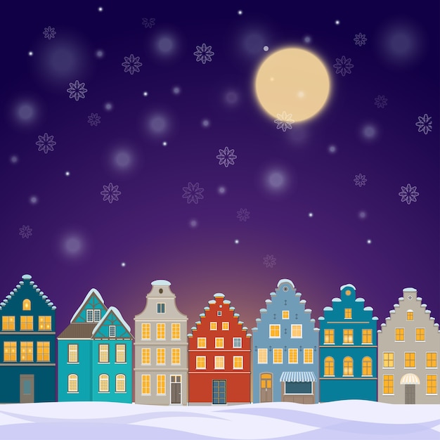 Winter achtergrond met oude stad 's nachts