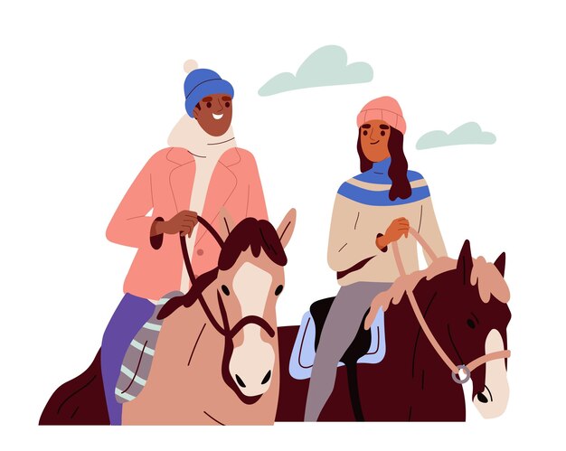 Winter activiteit concept man en vrouw rijden op paard vrije tijd buiten in koud weer sticker voor