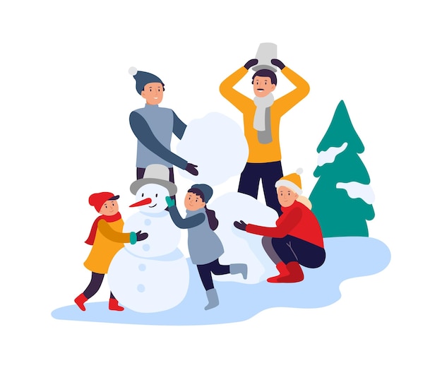 Winter activities. happy family making snowman. parents with children spending time in snowy park. active recreation, leisure on vacation. winter holidays and fun vector illustration