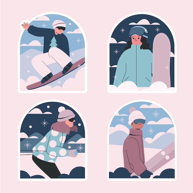 Winter activities naive style stickers