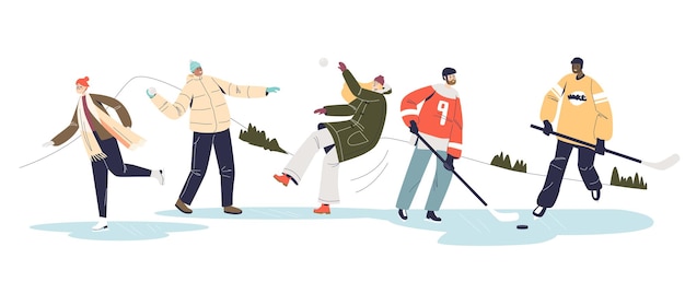 Зимние развлечения с мультфильмами, играми в хоккей и снежками, катанием на коньках на катке. Счастливые молодые люди веселятся в зимний сезон. Плоские векторные иллюстрации