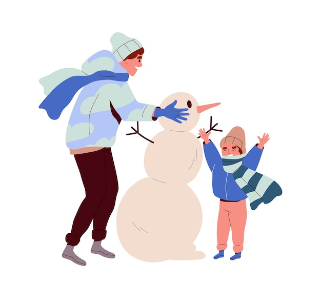 Winter activity concept man with child make snowman leisure outdoor in cold weather graphic element