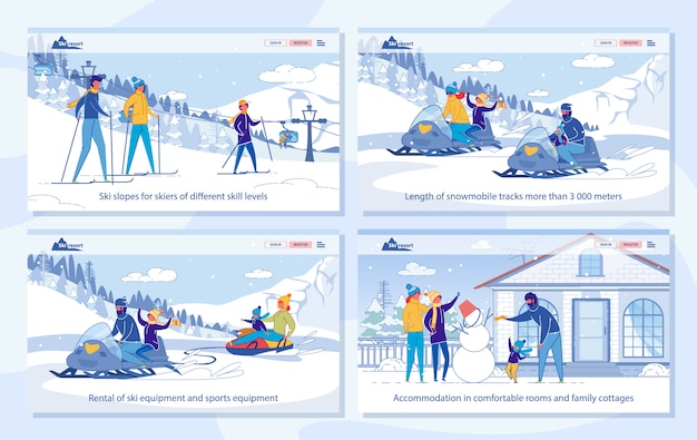 ベクトル スキーリゾートのランディングページサービスセットでの冬のアクティビティ。