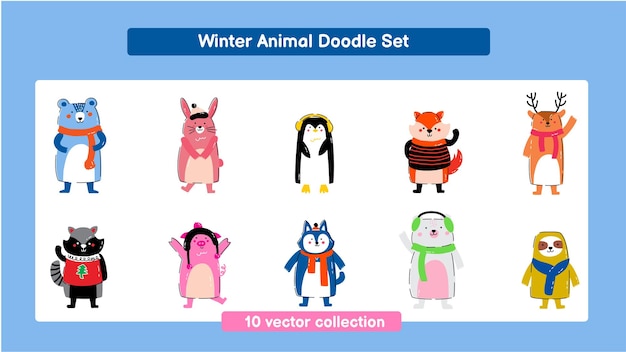 Vector winter animal doodle set