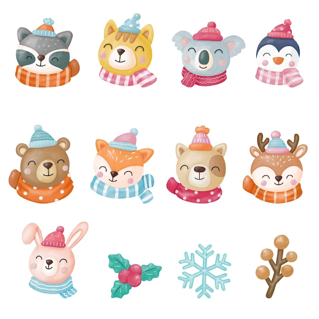 Winter Animals Clipart, Animals merry christmas, Watercolor Digital painting