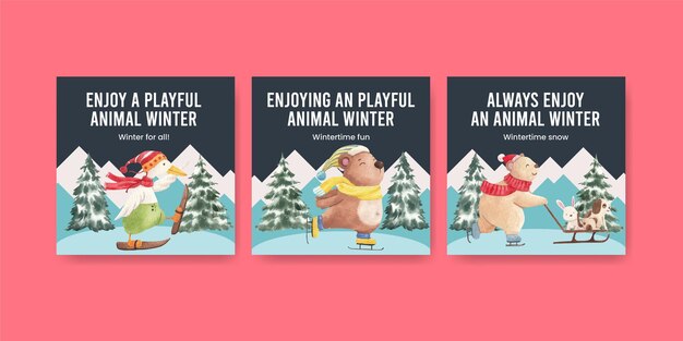 winter animals postcard template