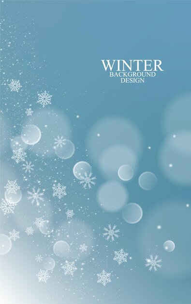 Winter background design with white snow flake and bokeh style