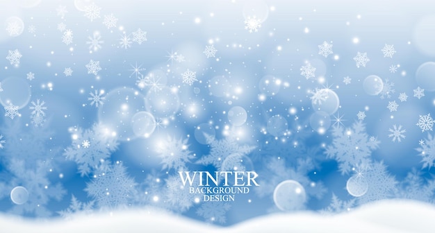 白い雪花とボケのスタイルの冬の背景デザイン