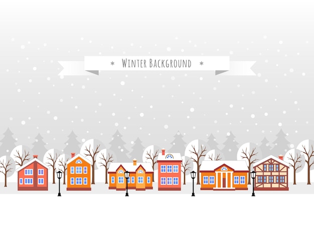 Winter background. Flat style illustration of Christmas village. New year and Xmas Holidays design.