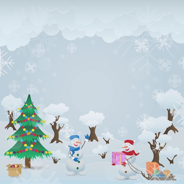 Winter background in the form of a landscape with snowmen. place for text