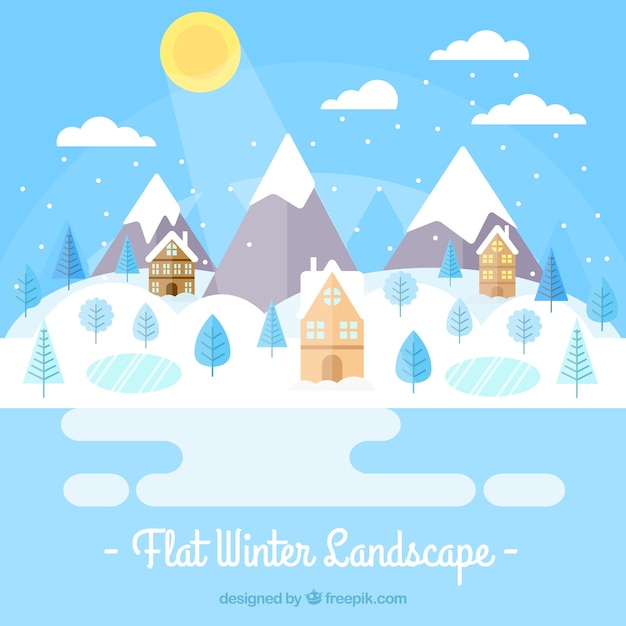 Winter background of frozen lake with houses in flat design