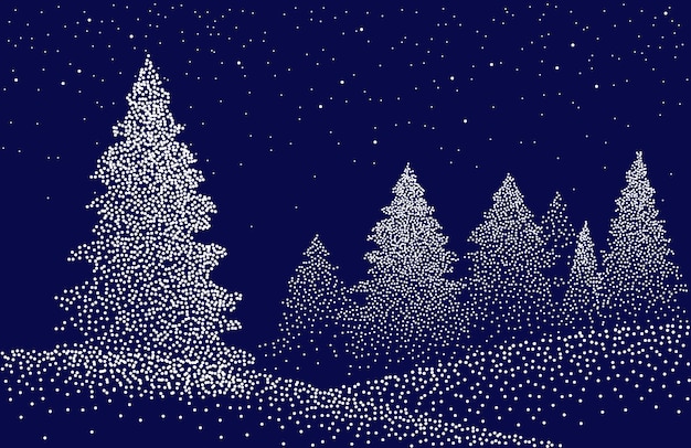 Winter background landscape with fir trees and pines in snow Coniferous forest night sky stars