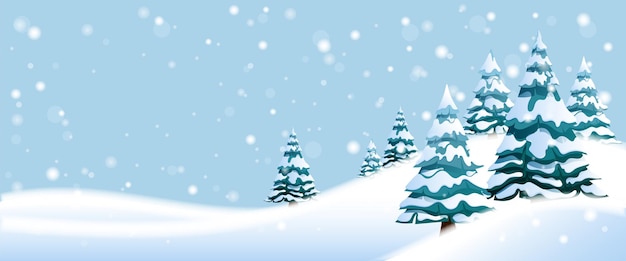 Зимний фон пейзаж со снегом и соснами
