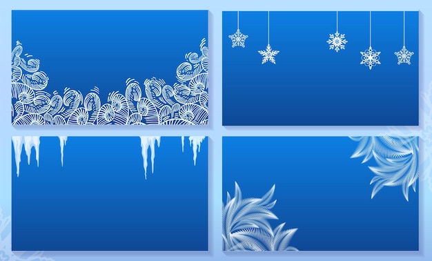 Sfondo invernale set banner blu neve astratta stagione fredda bellissimo design del paesaggio in stile cartone animato