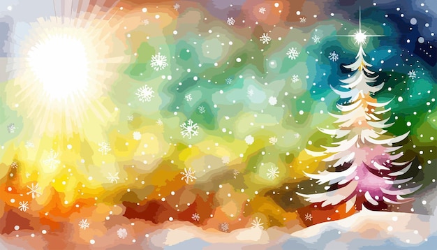 雪の松の森と手で描かれた水彩の山の冬の背景ベクトルイラスト