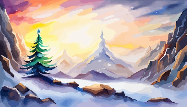 Vector winter background vector illustration hand painted watercolor mountain with snow pine forest and