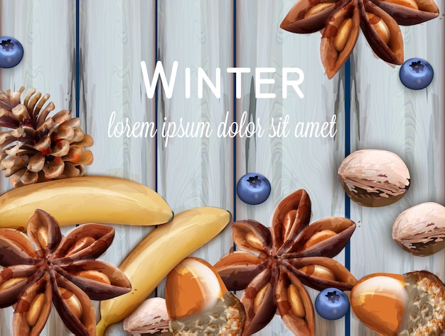 Vector winter background with blueberry and anise star watercolor