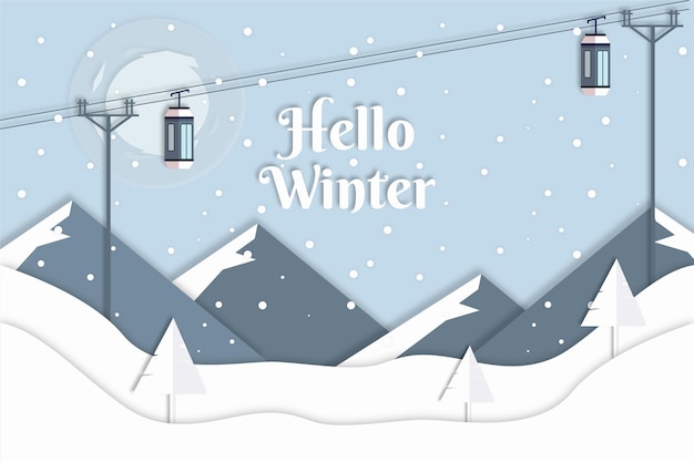 Vector winter background with cable cars in paper style