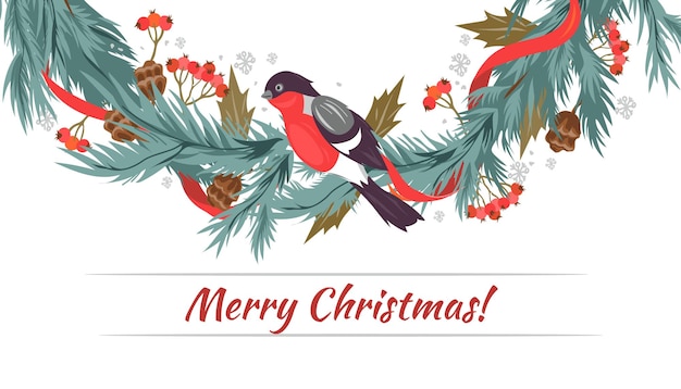 Winter banner backdrop with bullfinch bird on garland of fir flat vector