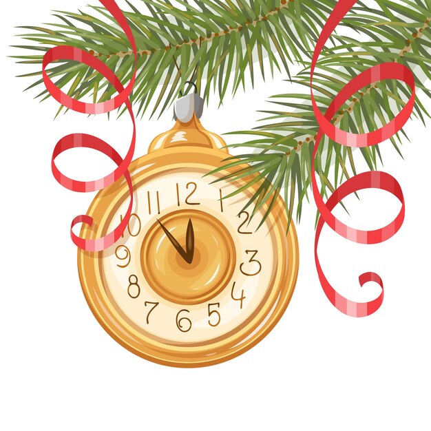 Вектор Зимний баннер ветки елки с елочной игрушкой в виде часов новогодний шаблон для дизайна векторная иллюстрация