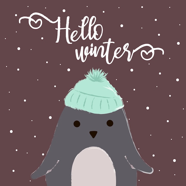 Vector winter banner or postcard with pingvin and lettering and snow.