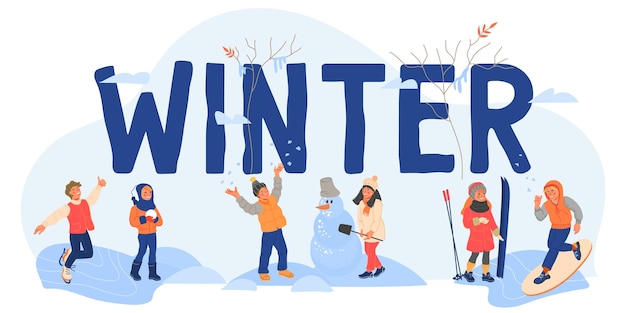 Шаблон зимнего баннера с милыми детскими персонажами, наслаждающимися снежным вектором