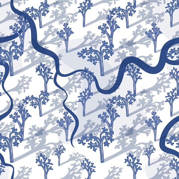 Vector winter bare tree vector seamless pattern in blue and white colours