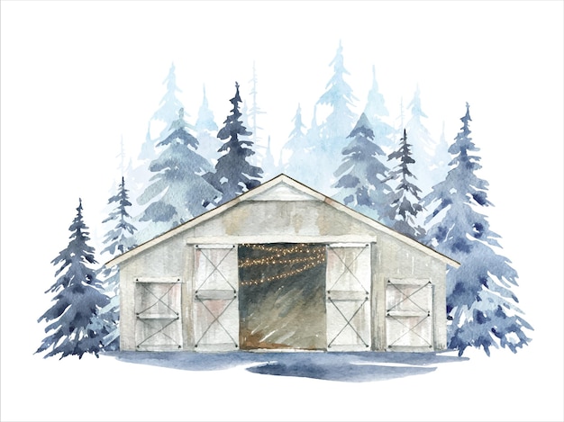 Vector winter barn forest landscape