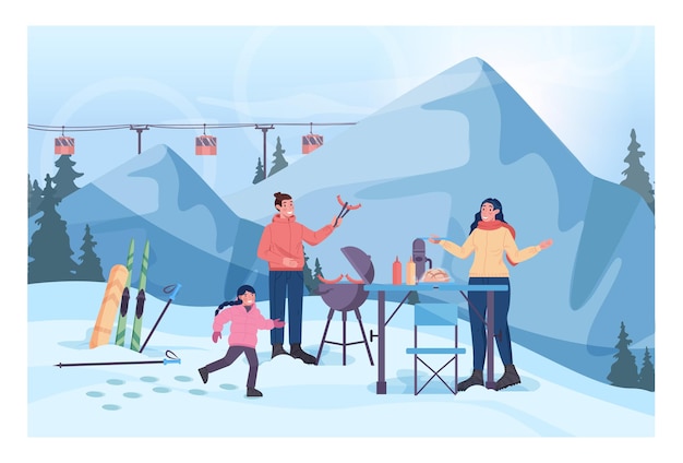 冬のバーベキューのコンセプト。家族でステーキを焼く、スキーリゾートのバーベキューパーティー。マウンテンスキーリゾートバレー。雪に覆われた丘の上のバーベキューグリル。フラットベクトル図