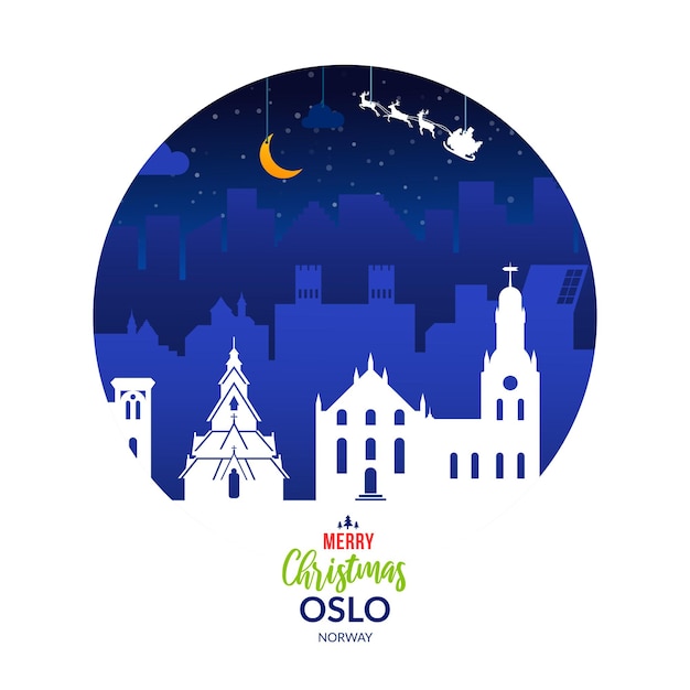 Winter besneeuwd label met kerstvakantie Oslo stad, Noorwegen