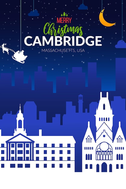 Winter besneeuwde poster met kerstvakantie Cambridge city, USA