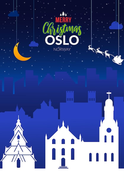 Winter besneeuwde poster met kerstvakantie Oslo stad, Noorwegen