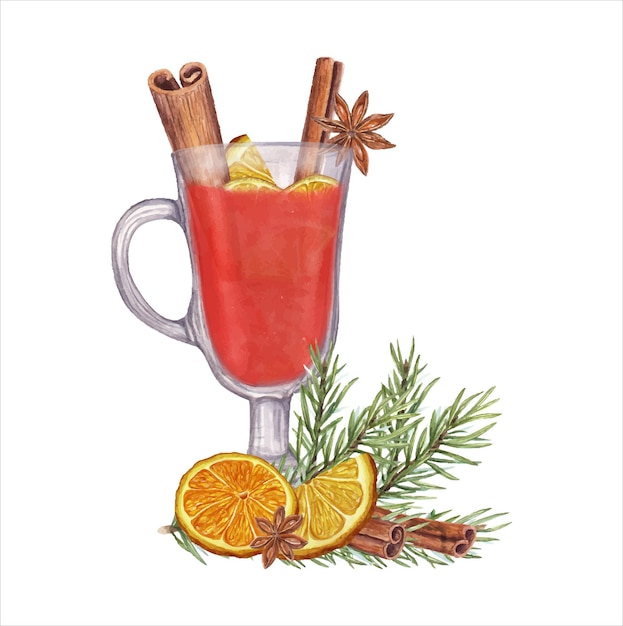 Vector winter beverage christmas spices hot spicy punch spruce branch orange slices mulled red wine