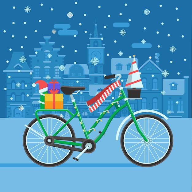 Bici invernale con sciarpa rossa e scatole regalo per l'albero di capodanno sfondo festivo con bicicletta decorata sul paesaggio innevato della città europea modello di biglietto per bici di natale illustrazione vettoriale della bicicletta invernale