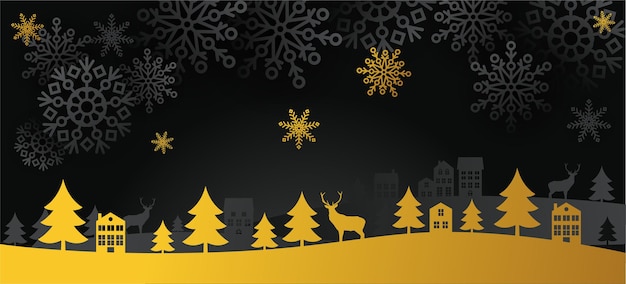 Paesaggio invernale nero e oro con abeti, neve, cervi, case. buon natale e felice anno nuovo sfondo