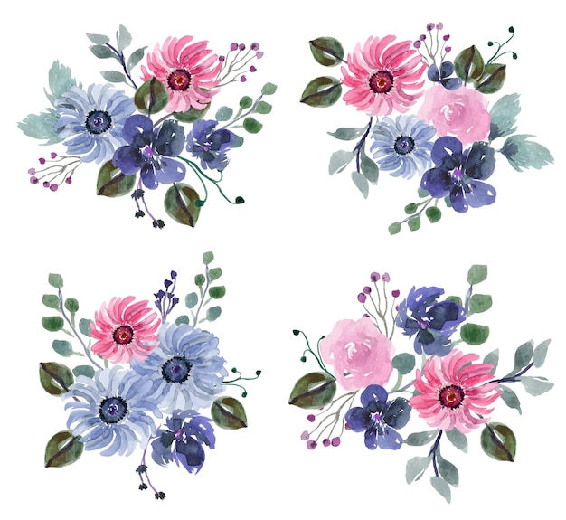 Winter blue and pink floral themed watercolor arrangement vector set