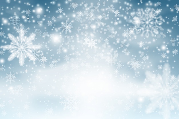 Vector winter blue sky with falling snow, snowflake. christmas snow surface. christmas snowflakes shining