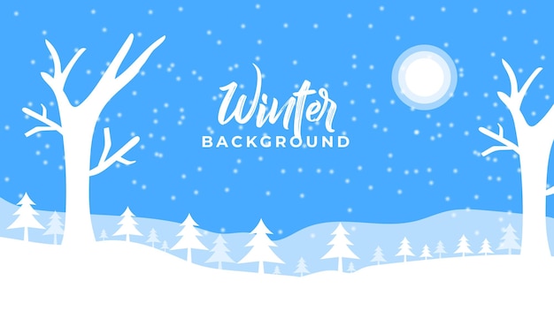 Vector winter blue sky with falling snow snowflakes with winter landscape background