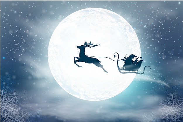 Vector winter blue sky with falling snow, snowflakes with a winter landscape with a full moon. santa claus flying on a sleigh with a deer. festive winter background for christmas and new year.