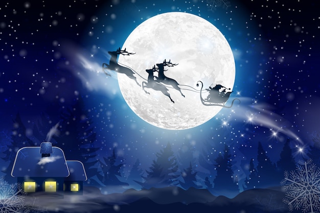 Winter blue sky with falling snow, snowflakes with a winter landscape with a full moon. Santa Claus flying on a sleigh with a deer. Festive winter background for Christmas and New Year.