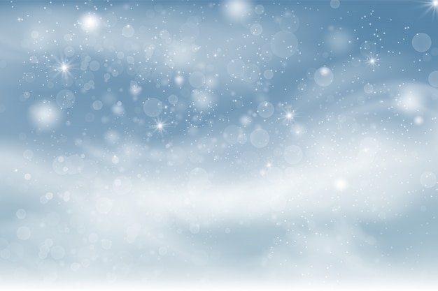 Vector winter blue sky with falling snow, snowflakes with winter landscape.