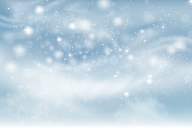 Vector winter blue sky with falling snow, snowflakes with winter landscape.