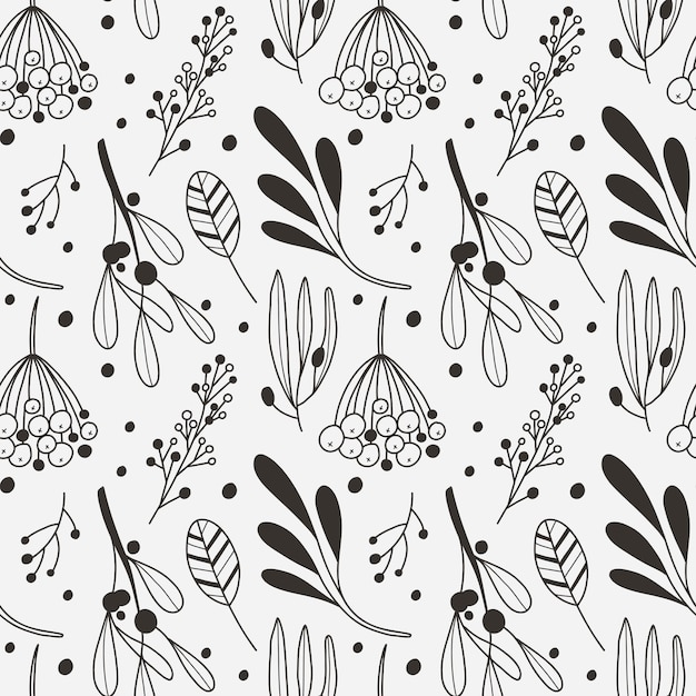 Winter botany seamless pattern Hand drawn line leaves branches and berries mistletoe Line elements Christmas plants Decor textile wrapping paper wallpaper design botanical vector background