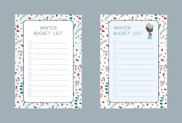 Winter bucket lists set. Weekly and daily planner pages designs pack. Traditional Christmas symbolic tree leaves, berries, bouquet