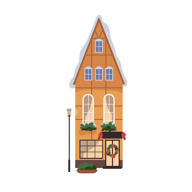 winter building facade with christmas holiday decoration europe house architecture with xmas ornament decor gable roof in snow door wreath flat vector illustration isolated on white background