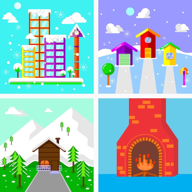 winter buildings, city houses and heaters