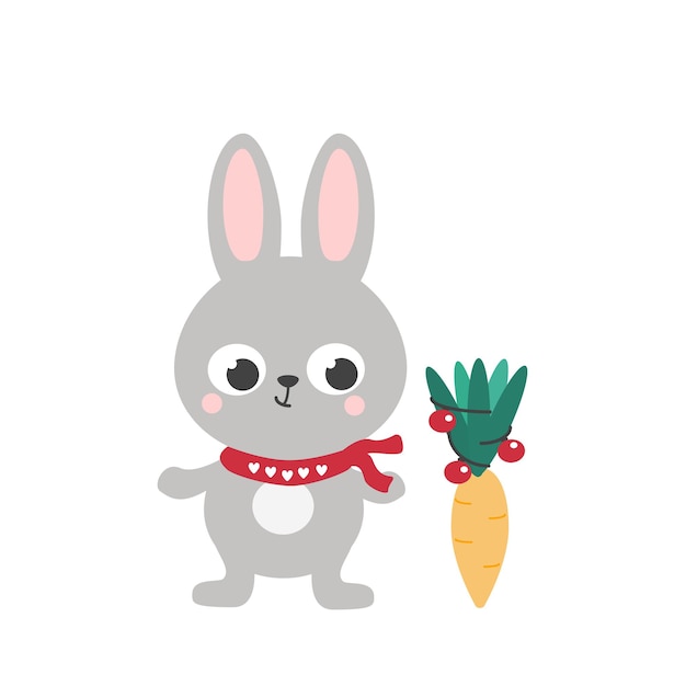 Coniglietto invernale in una sciarpa rossa e con una grande carota vestito con palle di natale