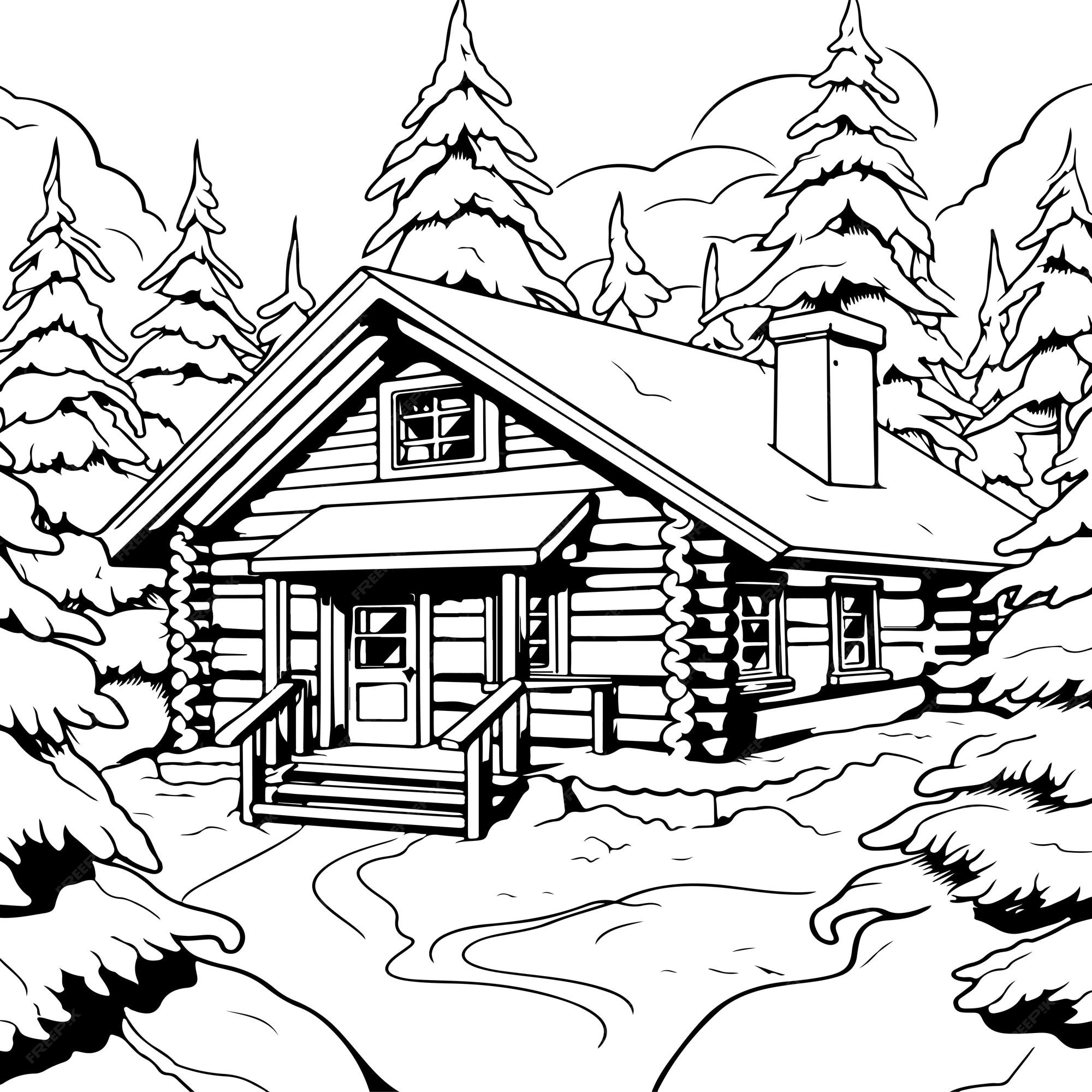 Premium Vector A winter cabin coloring page
